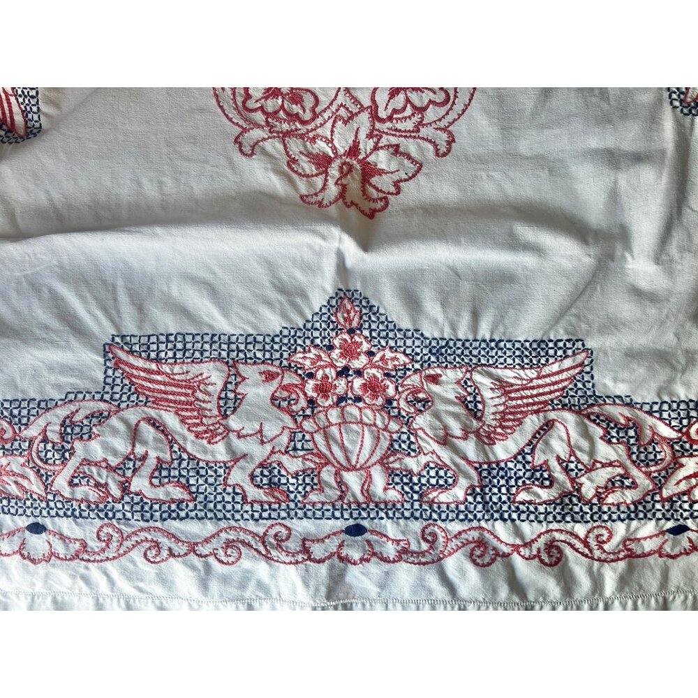 Hand-Embroidered White Cotton Tablecloth Coral & Dark Blue Griffin Floral Motif